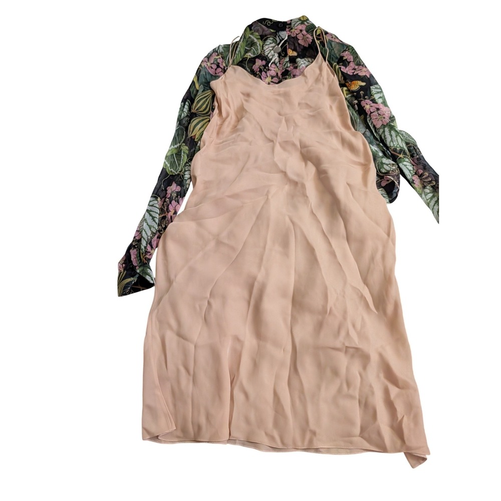 Oscar de la Renta Silk Chiffon Botanical Floral Midi Shirtdress Size 0 NEW liner - Picture 6 of 16